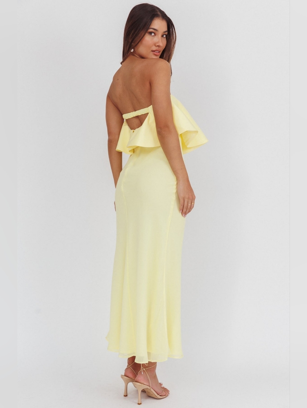 Strapless Ruffle Yellow Midi Dress - Picture 4 of 9